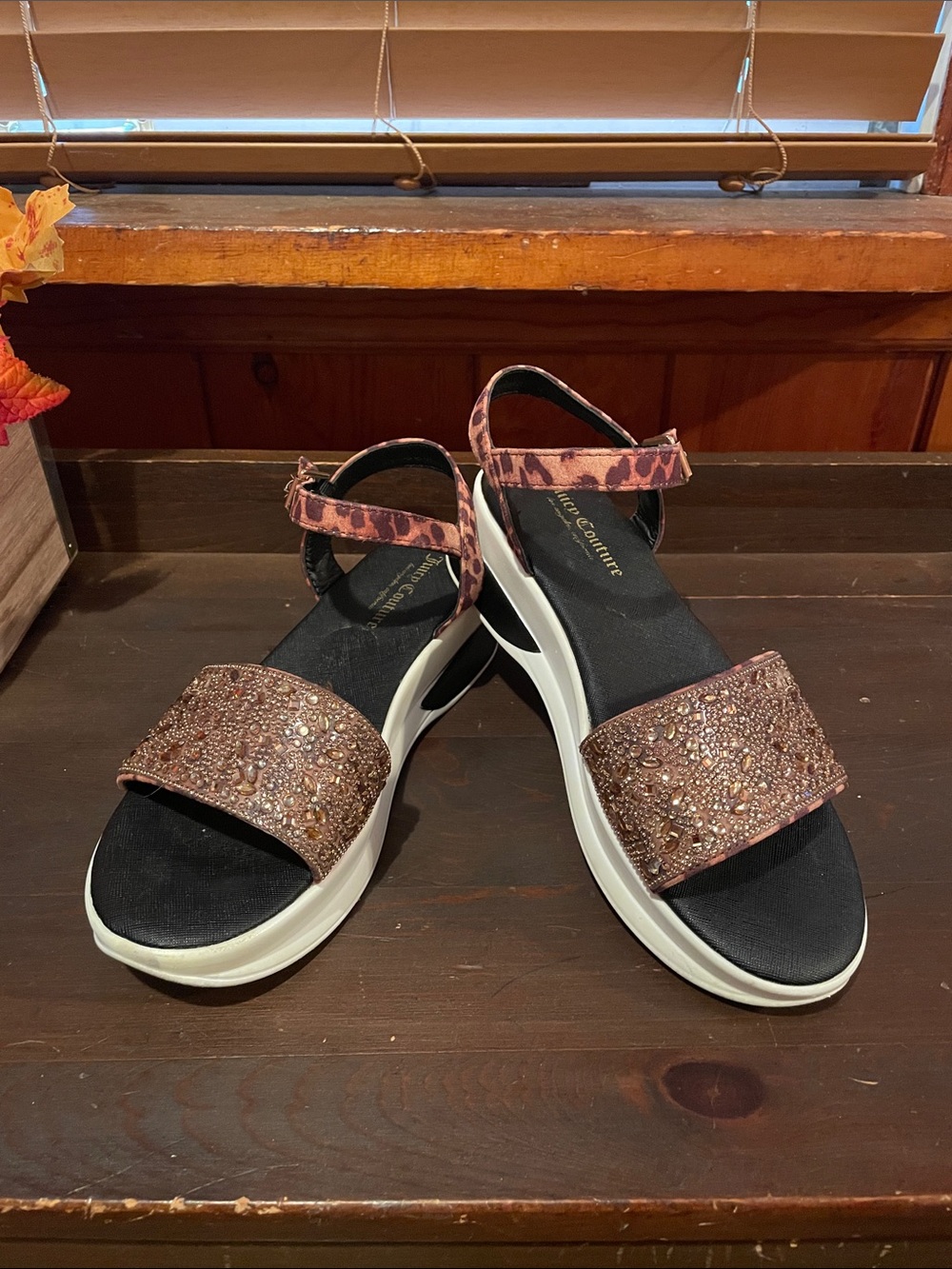Juicy Couture Brown Embellished Platform Sandals with Leopard Ankle Strap